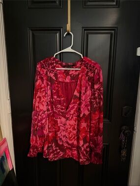 Cynthia Steffe Red and Pink Floral V-Neck Blouse